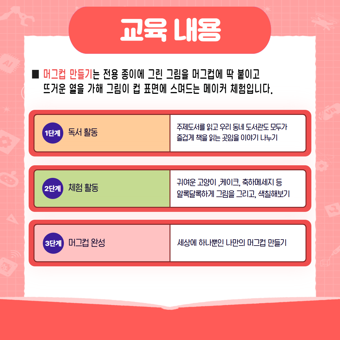 교육 내용 머그컵 만들기는 전용 종이에 그린 그림을 머그컵에 딱 붙이고 뜨거운 열을 가해 그림이 컵 표면에 스며드는 메이커 체험입니다. 1단계 독서 활동 주제도서를 읽고 우리 동네 도서관도 모두가 즐겁게 책을 읽는 곳임을 이야기 나누기 2단계 체험 활동 귀여운 고양이, 케이크, 축하메시지 등 알록달록하게 그림을 그리고, 색칠해보기 3단계 머그컵 완성 세상에 하나뿐인 나만의 머그컵 만들기